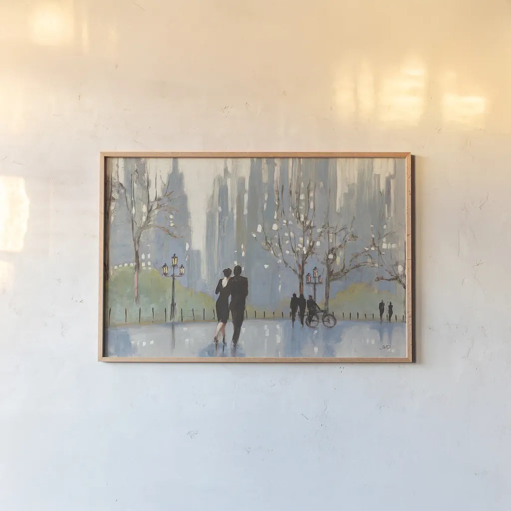 An Evening Out Blue by Julia Purinton. shown as a paper print in a natural frame. Available as a archival giclee rolled canvas, fine art paper, or poster print. SKU 37743i.