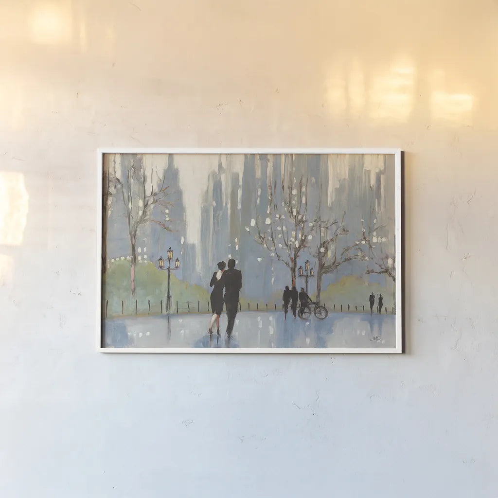 An Evening Out Blue by Julia Purinton. shown as a paper print in a white frame. Available as a archival giclee rolled canvas, fine art paper, or poster print. SKU 37743i.