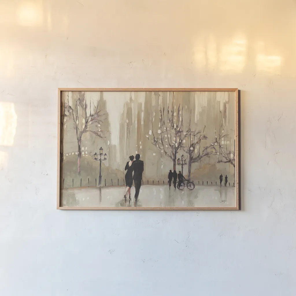 An Evening Out Neutral by Julia Purinton. shown as a paper print in a natural frame. Available as a archival giclee rolled canvas, fine art paper, or poster print. SKU 14999i.