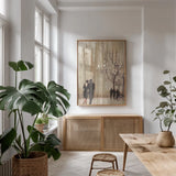 An Evening Out Neutral Crop by Julia Purinton. shown as a print in a natural wood frame in a dining room. Available as a archival giclee rolled canvas, fine art paper, or poster print. SKU 17155h.