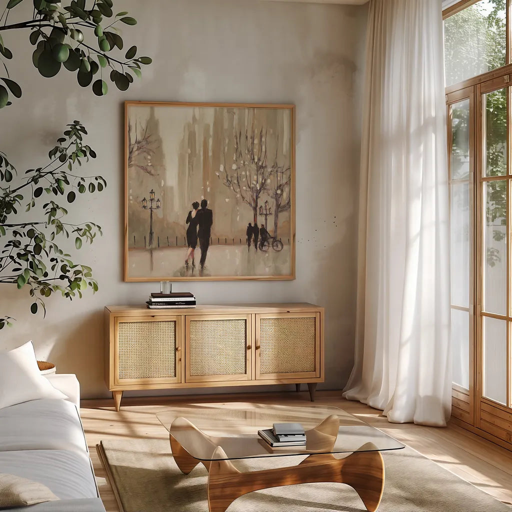 An Evening Out Neutral Crop by Julia Purinton. Shown in a natural wood frame in a cozy modern living room. Available as an archival giclee rolled canvas, fine art paper, or poster print. SKU 17787a.
