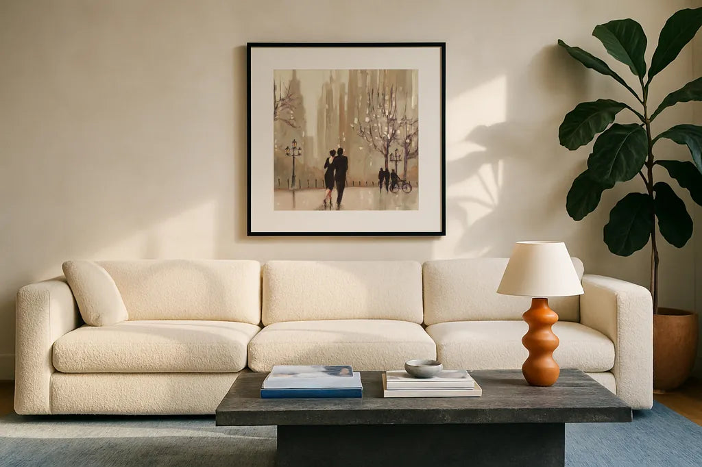 An Evening Out Neutral Crop by Julia Purinton. Displayed in a glass frame with matte in a clean modern living room. Available as an archival giclee rolled canvas, fine art paper, or poster print. SKU 17787a.