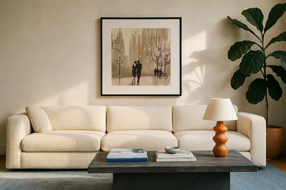 An Evening Out Neutral Crop by Julia Purinton. Displayed in a glass frame with matte in a clean modern living room. Available as an archival giclee rolled canvas, fine art paper, or poster print. SKU 17787a.
