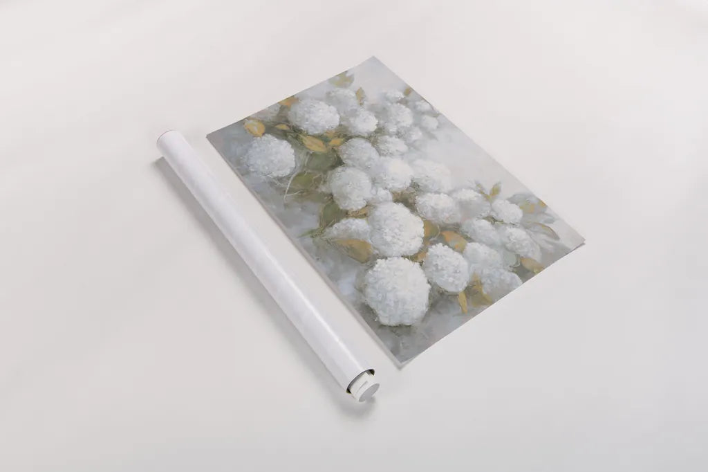 Annabelle Hydrangeas Blue Gray Crop by Julia Purinton. shown as a rolled paper print. Available as archival giclee rolled canvas, fine art paper, or poster print. SKU 48420i.