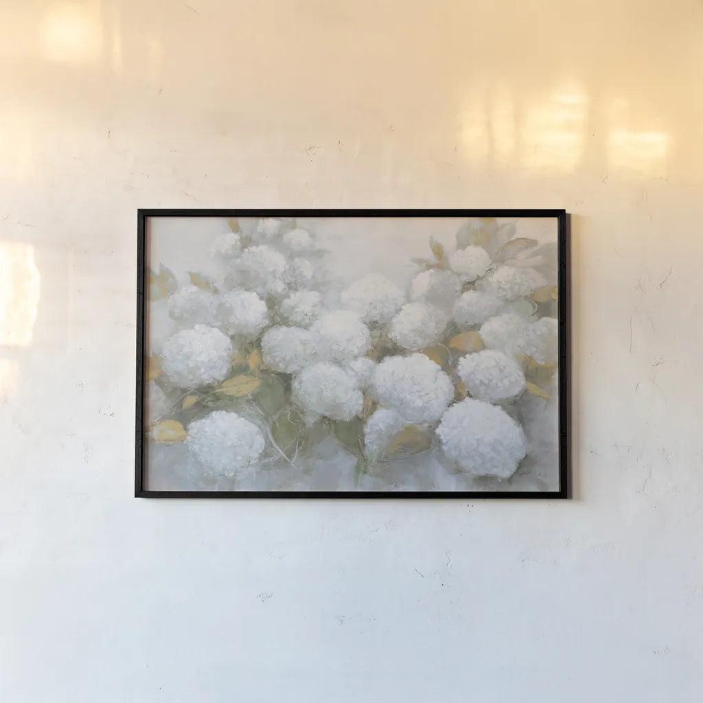 Annabelle Hydrangeas Blue Gray Crop by Julia Purinton. shown as a paper print in a black flame. Available as a archival giclee rolled canvas, fine art paper, or poster print. SKU 48420i.