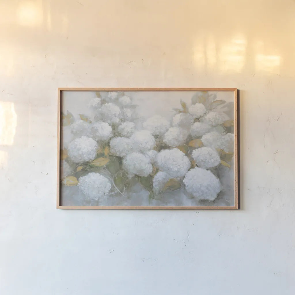 Annabelle Hydrangeas Blue Gray Crop by Julia Purinton. shown as a paper print in a natural frame. Available as a archival giclee rolled canvas, fine art paper, or poster print. SKU 48420i.