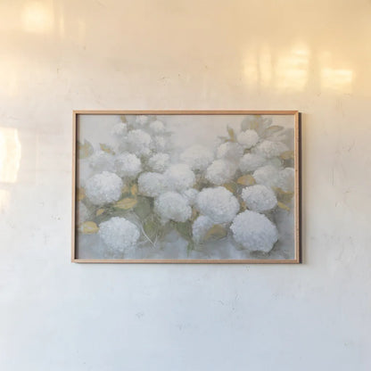 Annabelle Hydrangeas Blue Gray Crop by Julia Purinton. shown as a paper print in a natural frame. Available as a archival giclee rolled canvas, fine art paper, or poster print. SKU 48420i.