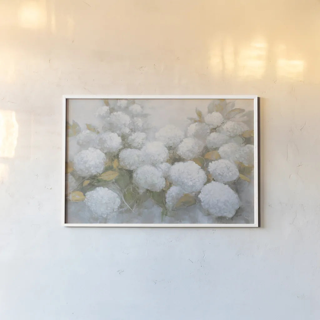 Annabelle Hydrangeas Blue Gray Crop by Julia Purinton. shown as a paper print in a white frame. Available as a archival giclee rolled canvas, fine art paper, or poster print. SKU 48420i.