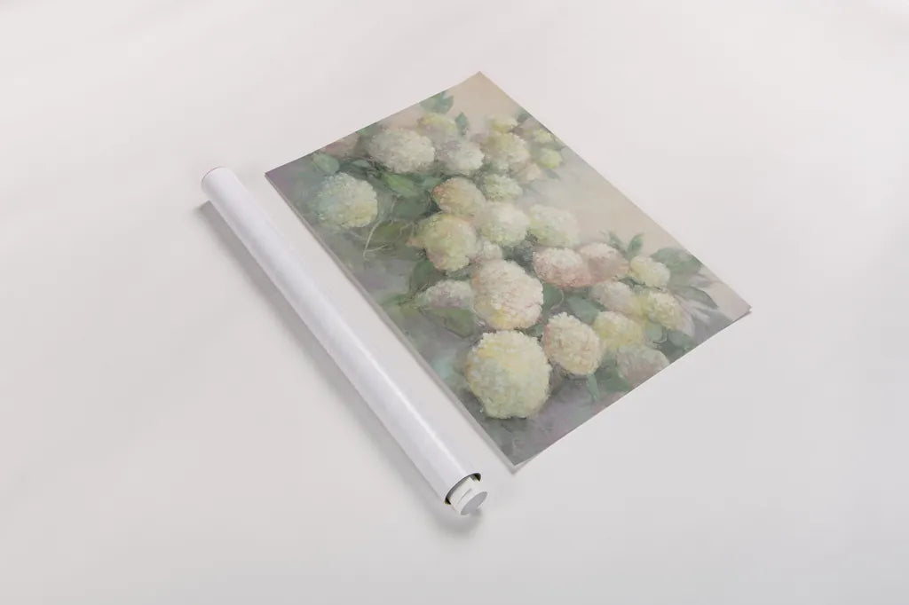 Annabelle Hydrangeas Crop by Julia Purinton. shown as a rolled paper print. Available as archival giclee rolled canvas, fine art paper, or poster print. SKU 37616i.