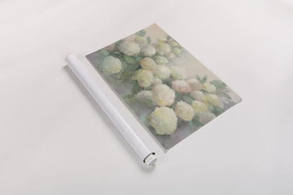 Annabelle Hydrangeas Crop by Julia Purinton. shown as a rolled paper print. Available as archival giclee rolled canvas, fine art paper, or poster print. SKU 37616i.
