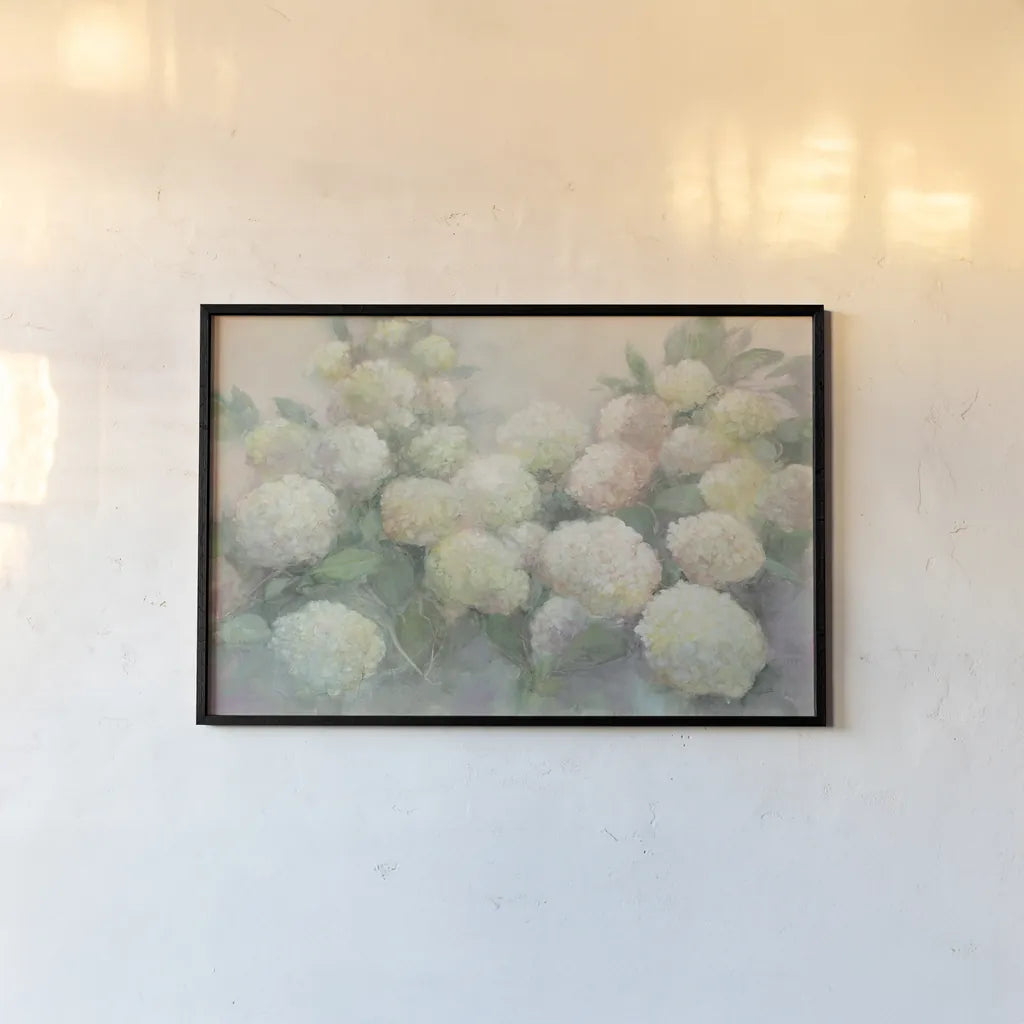 Annabelle Hydrangeas Crop by Julia Purinton. shown as a paper print in a black flame. Available as a archival giclee rolled canvas, fine art paper, or poster print. SKU 37616i.