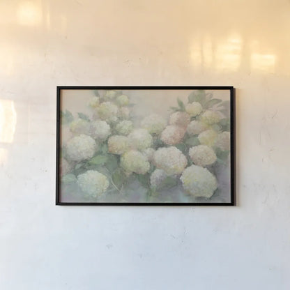 Annabelle Hydrangeas Crop by Julia Purinton. shown as a paper print in a black flame. Available as a archival giclee rolled canvas, fine art paper, or poster print. SKU 37616i.