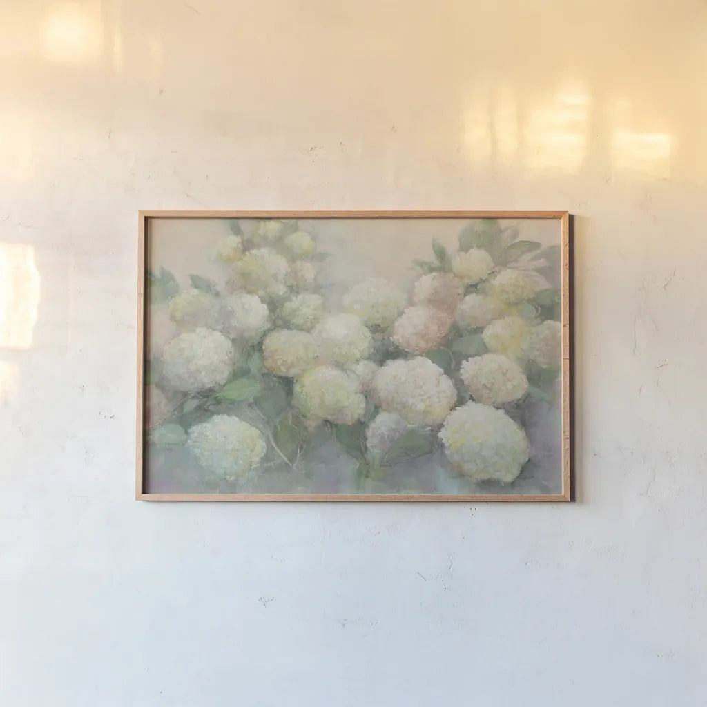 Annabelle Hydrangeas Crop by Julia Purinton. shown as a paper print in a natural frame. Available as a archival giclee rolled canvas, fine art paper, or poster print. SKU 37616i.