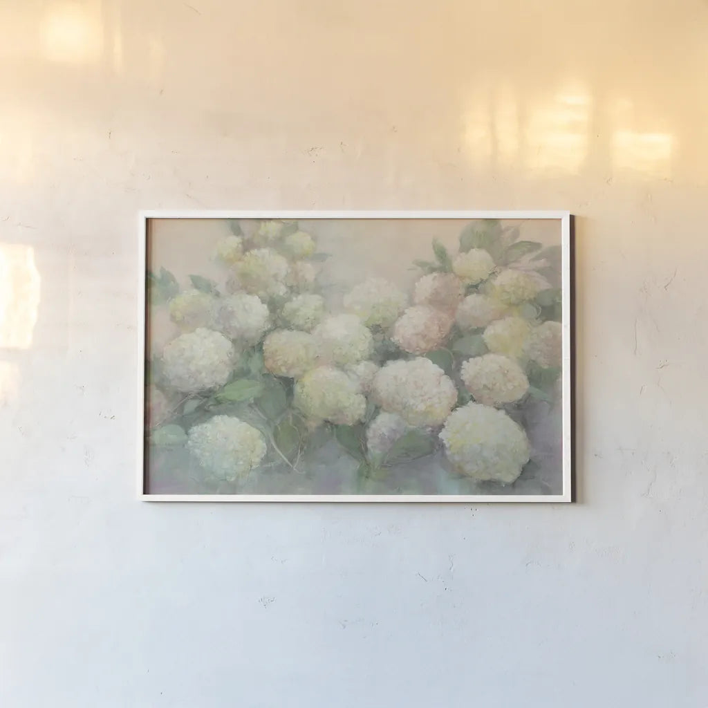 Annabelle Hydrangeas Crop by Julia Purinton. shown as a paper print in a white frame. Available as a archival giclee rolled canvas, fine art paper, or poster print. SKU 37616i.