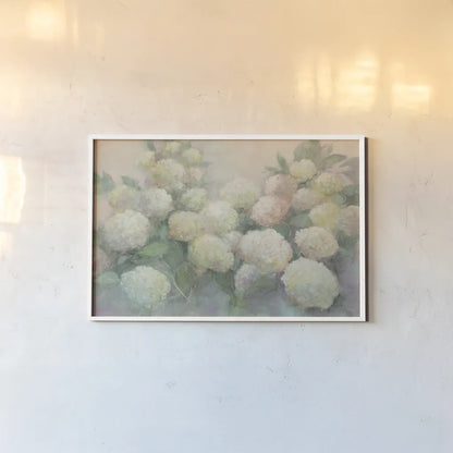 Annabelle Hydrangeas Crop by Julia Purinton. shown as a paper print in a white frame. Available as a archival giclee rolled canvas, fine art paper, or poster print. SKU 37616i.