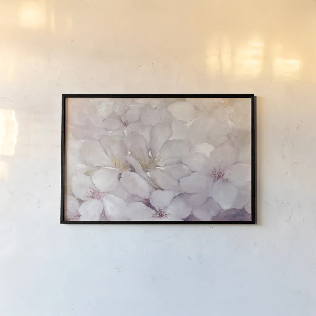 Apple Blossoms by Julia Purinton. shown as a paper print in a black flame. Available as a archival giclee rolled canvas, fine art paper, or poster print. SKU 30709i.