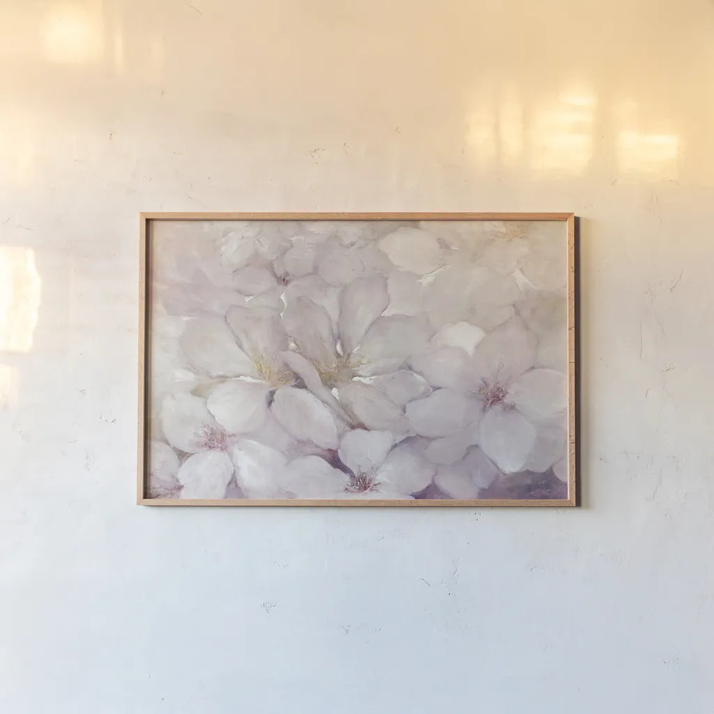 Apple Blossoms by Julia Purinton. shown as a paper print in a natural frame. Available as a archival giclee rolled canvas, fine art paper, or poster print. SKU 30709i.