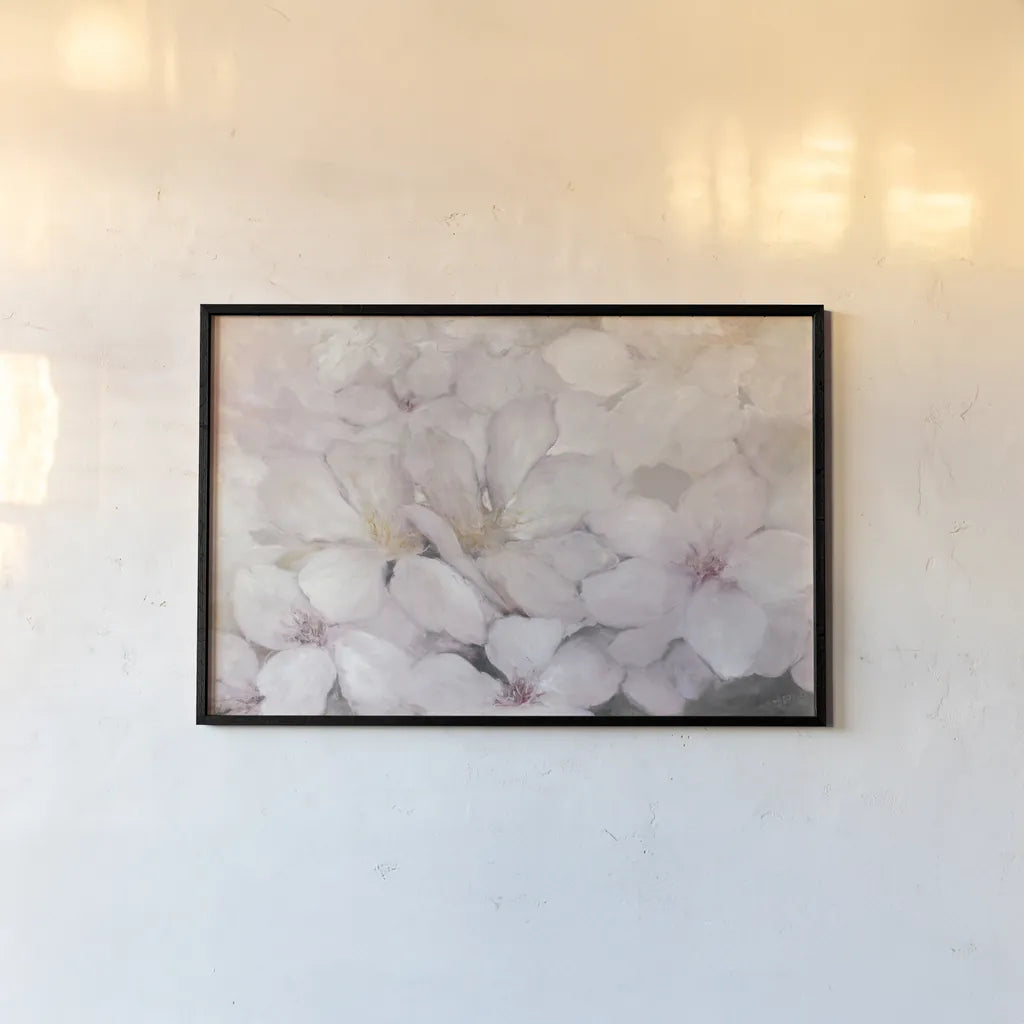 Apple Blossoms Dark Gray by Julia Purinton. shown as a paper print in a black flame. Available as a archival giclee rolled canvas, fine art paper, or poster print. SKU 52506i.