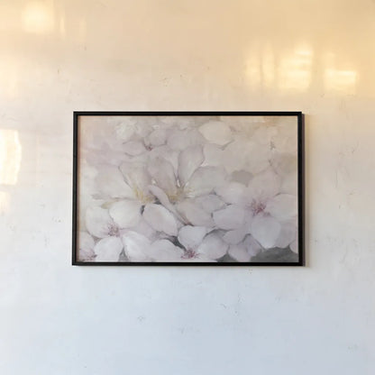 Apple Blossoms Dark Gray by Julia Purinton. shown as a paper print in a black flame. Available as a archival giclee rolled canvas, fine art paper, or poster print. SKU 52506i.