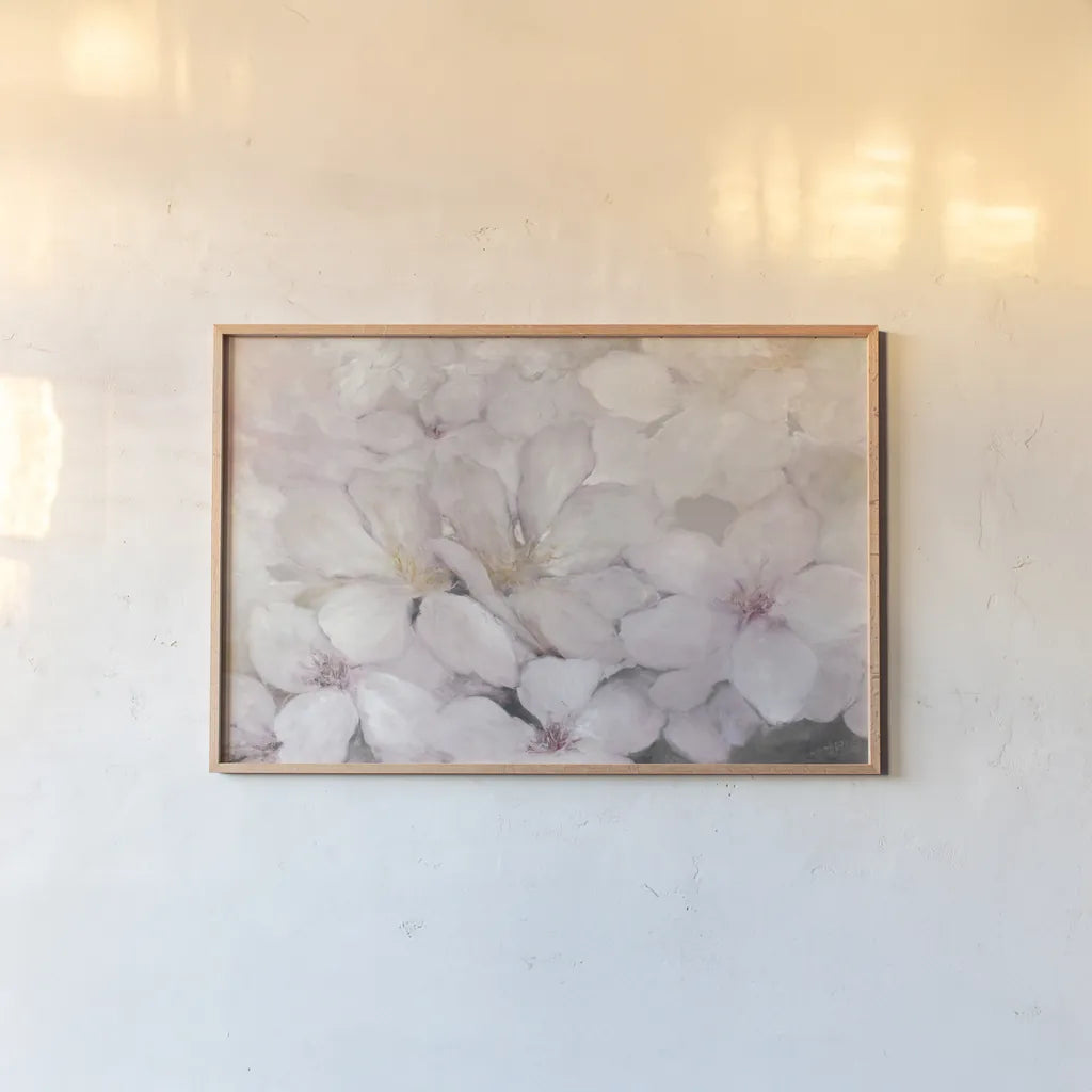 Apple Blossoms Dark Gray by Julia Purinton. shown as a paper print in a natural frame. Available as a archival giclee rolled canvas, fine art paper, or poster print. SKU 52506i.