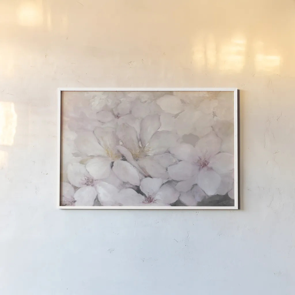 Apple Blossoms Dark Gray by Julia Purinton. shown as a paper print in a white frame. Available as a archival giclee rolled canvas, fine art paper, or poster print. SKU 52506i.
