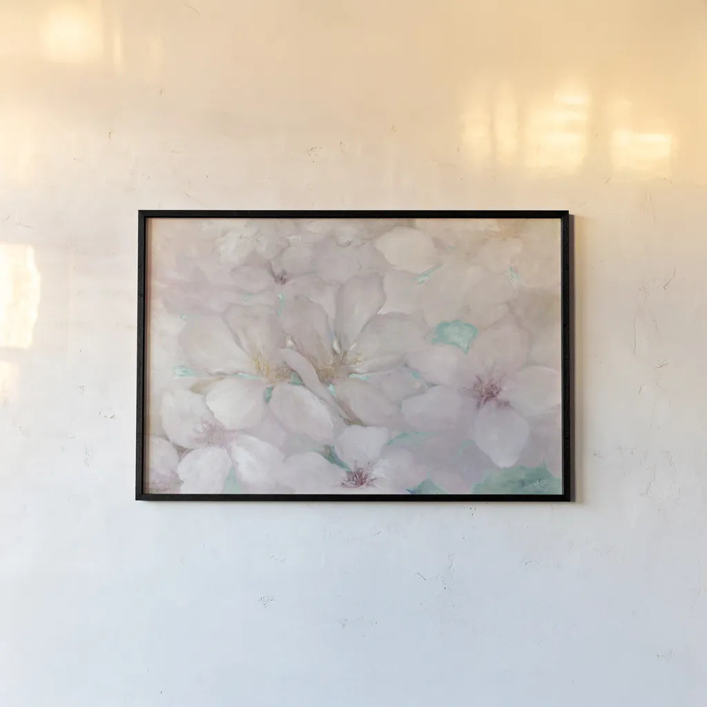 Apple Blossoms Teal by Julia Purinton. shown as a paper print in a black flame. Available as a archival giclee rolled canvas, fine art paper, or poster print. SKU 50069i.