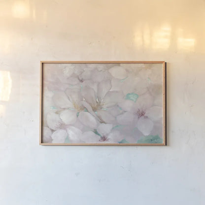 Apple Blossoms Teal by Julia Purinton. shown as a paper print in a natural frame. Available as a archival giclee rolled canvas, fine art paper, or poster print. SKU 50069i.