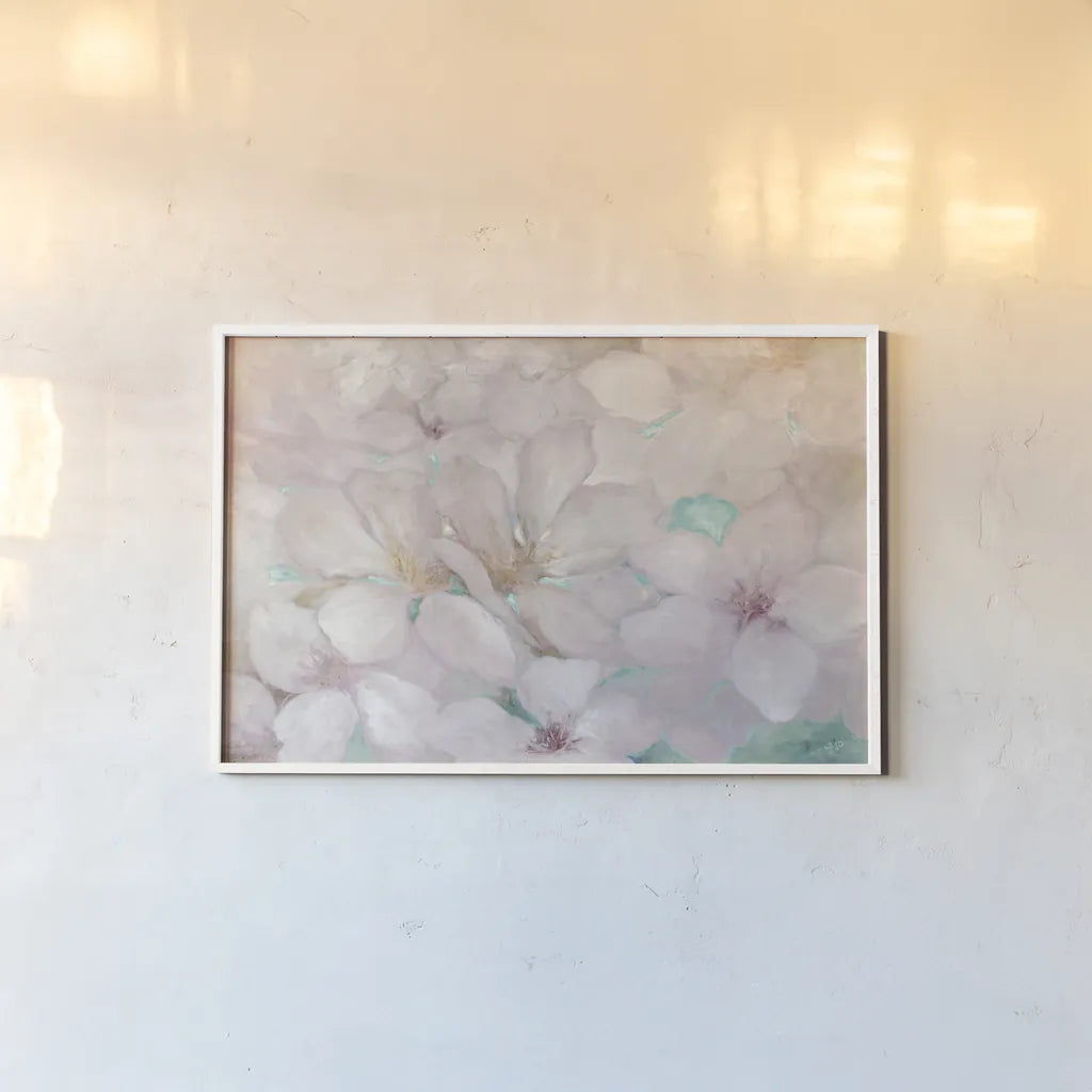 Apple Blossoms Teal by Julia Purinton. shown as a paper print in a white frame. Available as a archival giclee rolled canvas, fine art paper, or poster print. SKU 50069i.