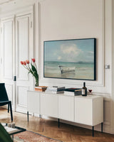 Ashore by Julia Purinton. shown as a framed stretched canvas in a living room above a console. Available as a archival giclee rolled canvas, fine art paper, or poster print. SKU 68555i.