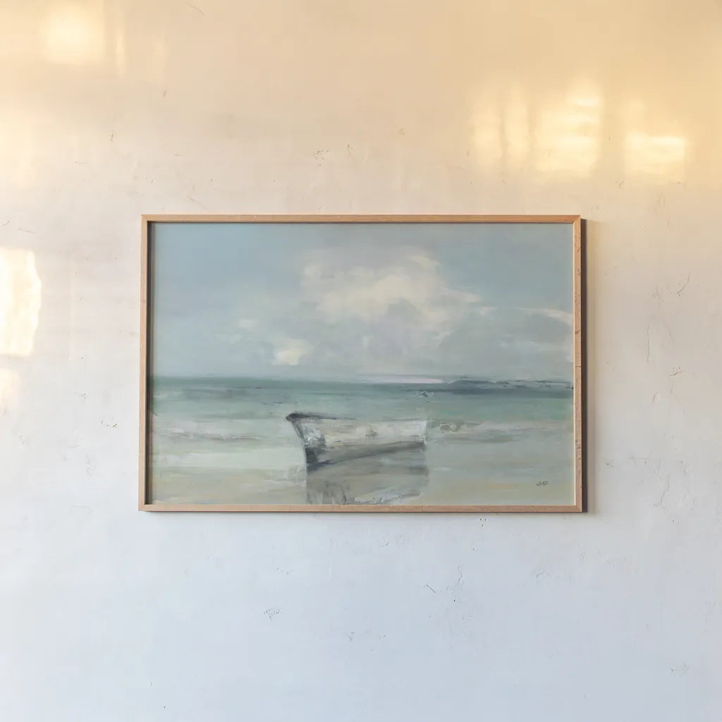 Ashore by Julia Purinton. shown as a paper print in a natural frame. Available as a archival giclee rolled canvas, fine art paper, or poster print. SKU 68555i.