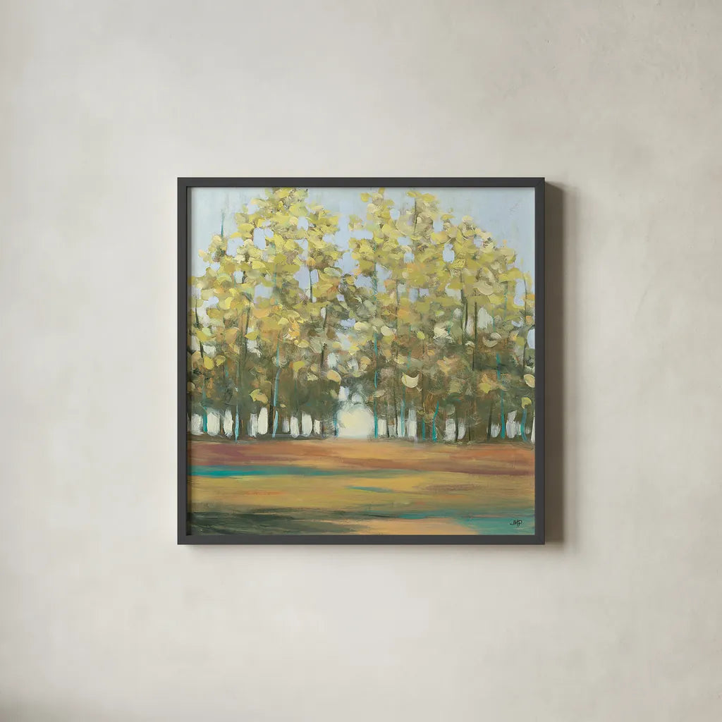 Aspen Grove I by Julia Purinton. Shown in a sleek black glass frame for a contemporary gallery look. Available as an archival giclee rolled canvas, fine art paper, or poster print. SKU 15350a.