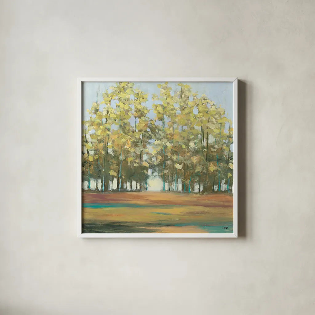 Aspen Grove I by Julia Purinton. Shown in a crisp white glass frame for a clean and minimalist style. Available as an archival giclee rolled canvas, fine art paper, or poster print. SKU 15350a.