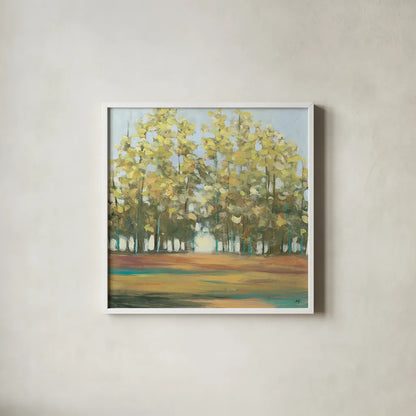 Aspen Grove I by Julia Purinton. Shown in a crisp white glass frame for a clean and minimalist style. Available as an archival giclee rolled canvas, fine art paper, or poster print. SKU 15350a.