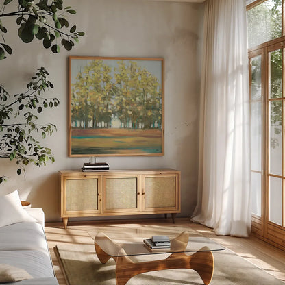Aspen Grove I by Julia Purinton. Shown in a natural wood frame in a cozy modern living room. Available as an archival giclee rolled canvas, fine art paper, or poster print. SKU 15350a.