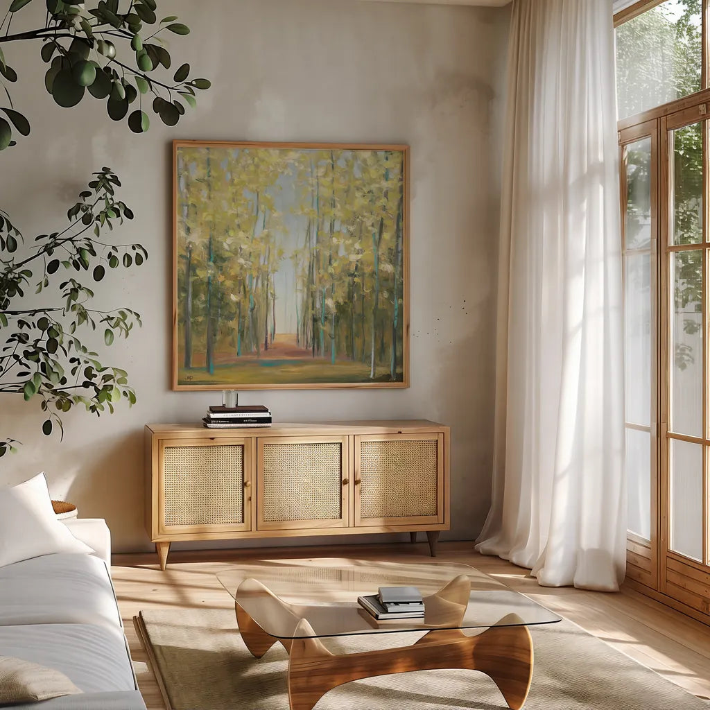 Aspen Grove II by Julia Purinton. Shown in a natural wood frame in a cozy modern living room. Available as an archival giclee rolled canvas, fine art paper, or poster print. SKU 15351a.