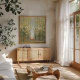 Aspen Grove II by Julia Purinton. Shown in a natural wood frame in a cozy modern living room. Available as an archival giclee rolled canvas, fine art paper, or poster print. SKU 15351a.