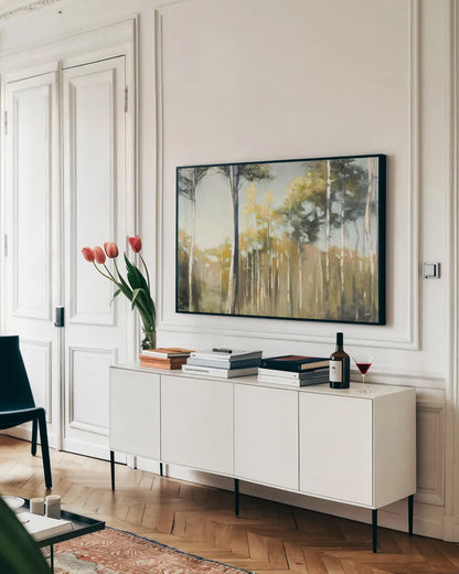 Aspen Reverie by Julia Purinton. shown as a framed stretched canvas in a living room above a console. Available as a archival giclee rolled canvas, fine art paper, or poster print. SKU 17111i.