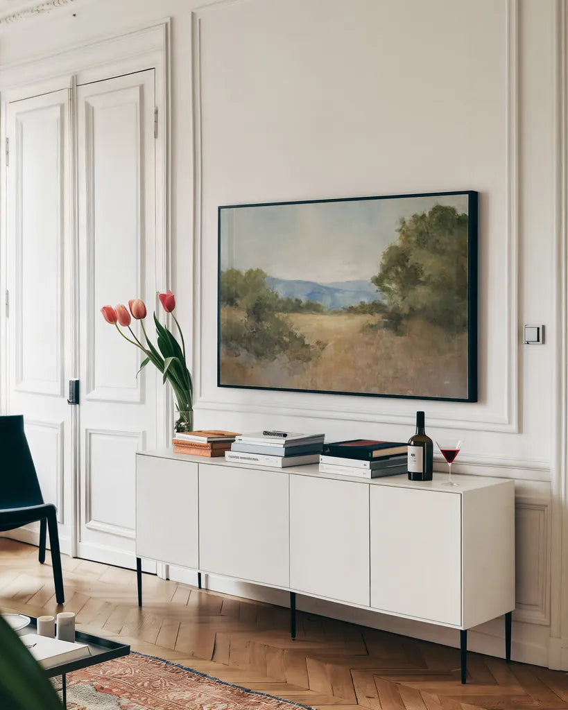 August Fields by Julia Purinton. shown as a framed stretched canvas in a living room above a console. Available as a archival giclee rolled canvas, fine art paper, or poster print. SKU 79248i.