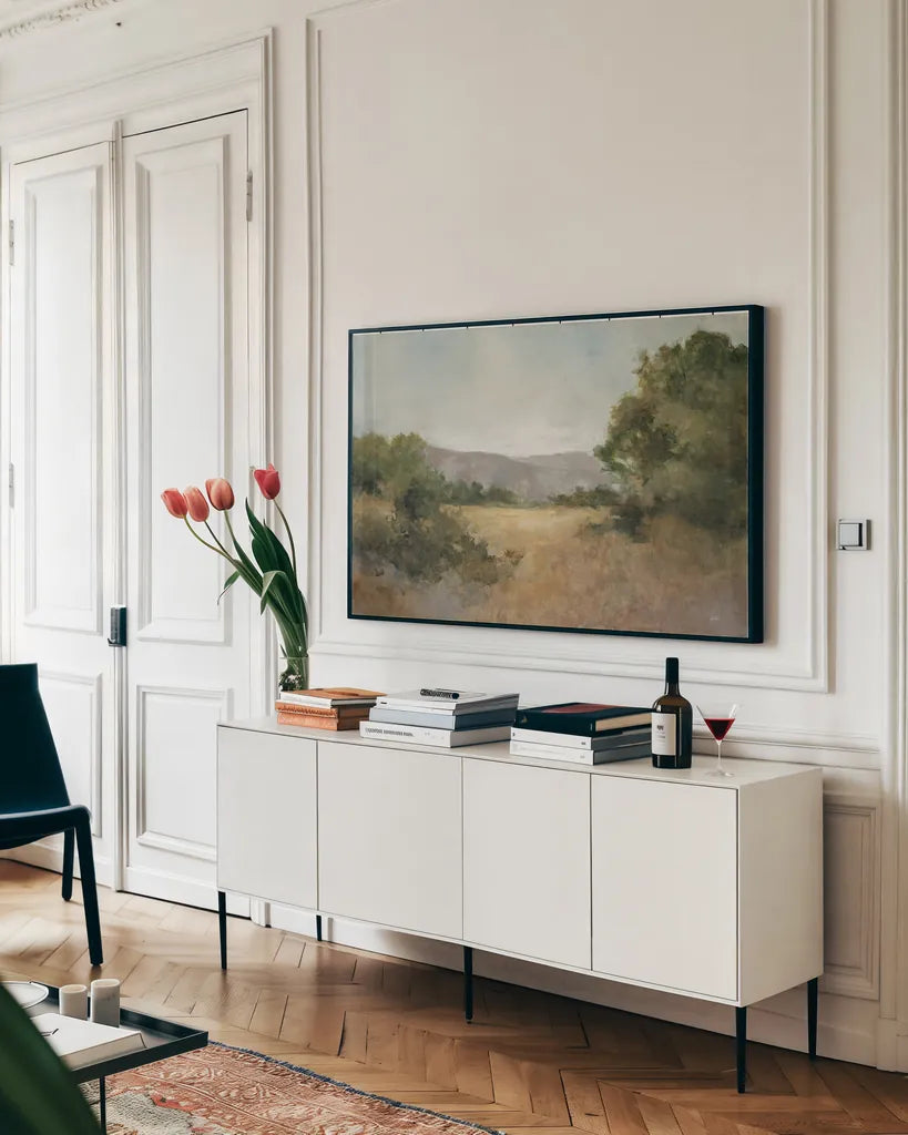 August Fields Gray by Julia Purinton. shown as a framed stretched canvas in a living room above a console. Available as a archival giclee rolled canvas, fine art paper, or poster print. SKU 81187i.