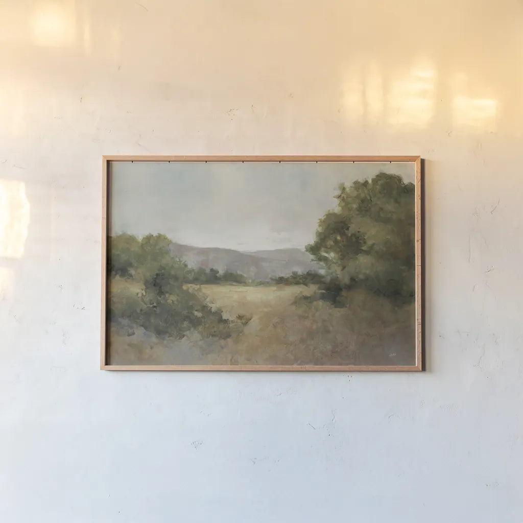 August Fields Gray by Julia Purinton. shown as a paper print in a natural frame. Available as a archival giclee rolled canvas, fine art paper, or poster print. SKU 81187i.