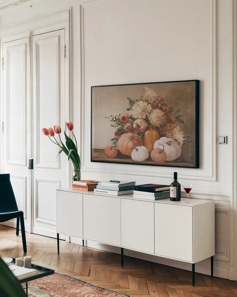 Autumn Bounty by Julia Purinton. shown as a framed stretched canvas in a living room above a console. Available as a archival giclee rolled canvas, fine art paper, or poster print. SKU 96696i.