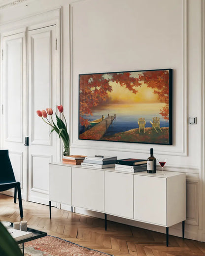 Autumn Glow Crop v.2 by Julia Purinton. shown as a framed stretched canvas in a living room above a console. Available as a archival giclee rolled canvas, fine art paper, or poster print. SKU 22061i.