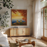 Autumn Glow II by Julia Purinton. Shown in a natural wood frame in a cozy modern living room. Available as an archival giclee rolled canvas, fine art paper, or poster print. SKU 22103a.