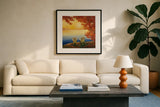 Autumn Glow II by Julia Purinton. Displayed in a glass frame with matte in a clean modern living room. Available as an archival giclee rolled canvas, fine art paper, or poster print. SKU 22103a.