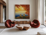 Autumn Glow II by Julia Purinton. Shown as extra-large giant wall art in a modern living room. Available as an archival giclee rolled canvas, fine art paper, or poster print. SKU 22103a.