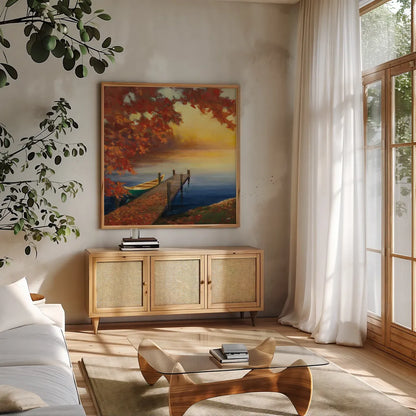 Autumn Glow III by Julia Purinton. Shown in a natural wood frame in a cozy modern living room. Available as an archival giclee rolled canvas, fine art paper, or poster print. SKU 22104a.