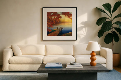 Autumn Glow III by Julia Purinton. Displayed in a glass frame with matte in a clean modern living room. Available as an archival giclee rolled canvas, fine art paper, or poster print. SKU 22104a.