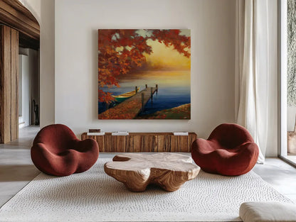 Autumn Glow III by Julia Purinton. Shown as extra-large giant wall art in a modern living room. Available as an archival giclee rolled canvas, fine art paper, or poster print. SKU 22104a.