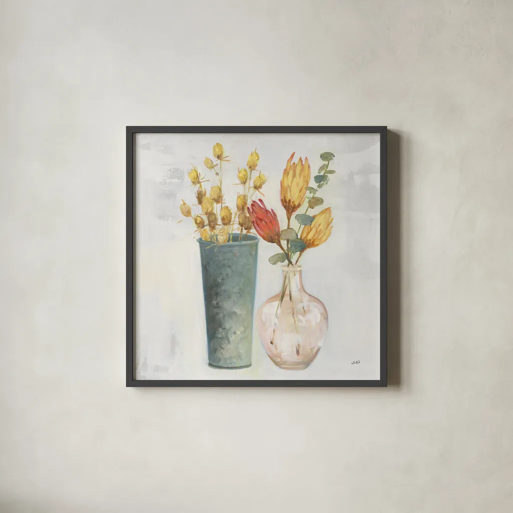 Autumn Greenhouse V by Julia Purinton. Shown in a sleek black glass frame for a contemporary gallery look. Available as an archival giclee rolled canvas, fine art paper, or poster print. SKU 70764a.