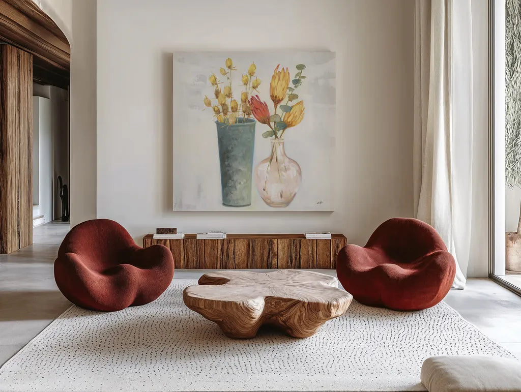 Autumn Greenhouse V by Julia Purinton. Shown as extra-large giant wall art in a modern living room. Available as an archival giclee rolled canvas, fine art paper, or poster print. SKU 70764a.